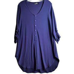 Sympli Womens Purple V-Neck Roll Tab Sleeve Stretch Henley Button Tunic Blouse 8